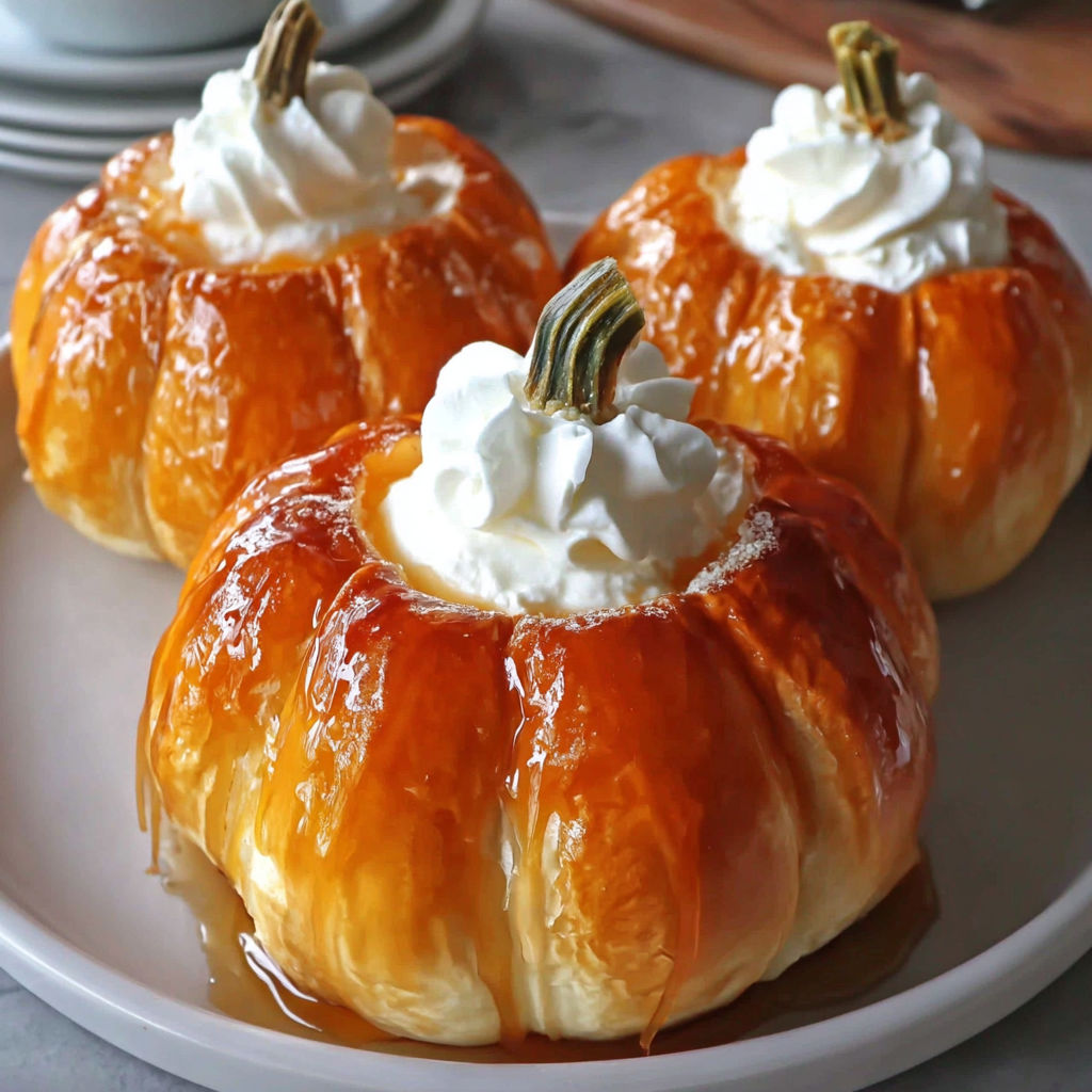Three pumpkins with whipped cream on top.