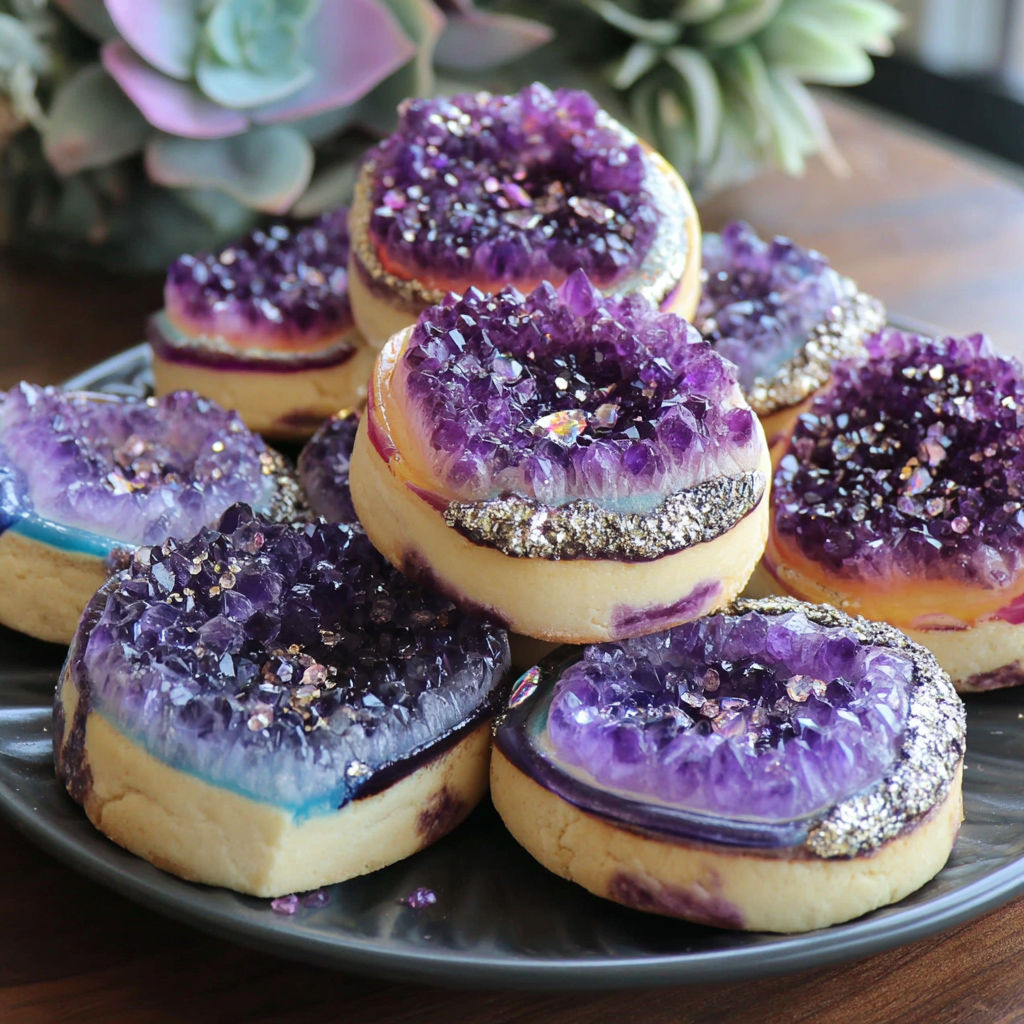 A plate of purple and blue cookies.