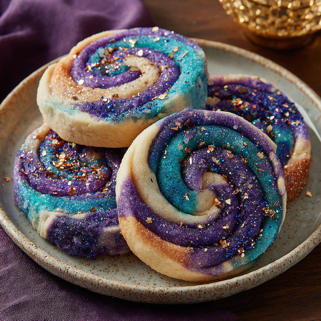 Two purple swirl cookies on a plate.