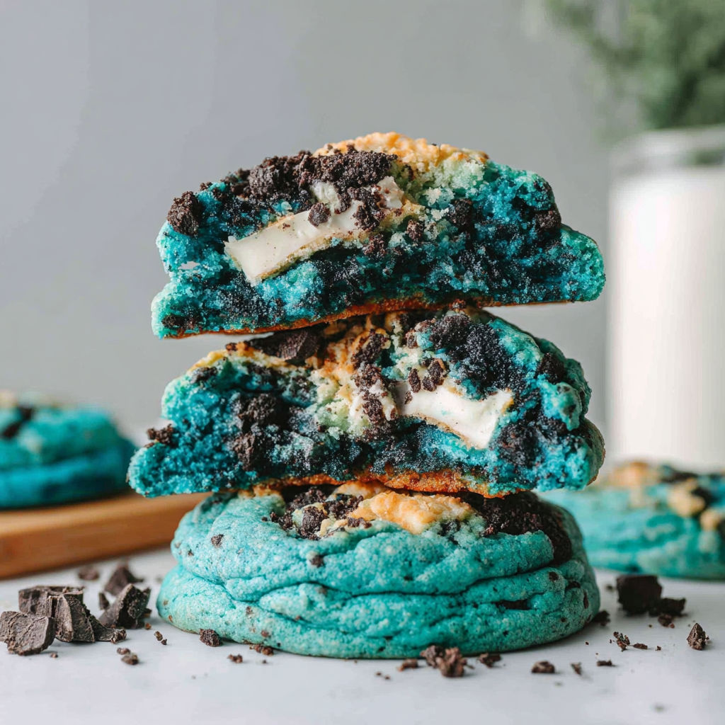 A stack of blue cookies with white frosting.