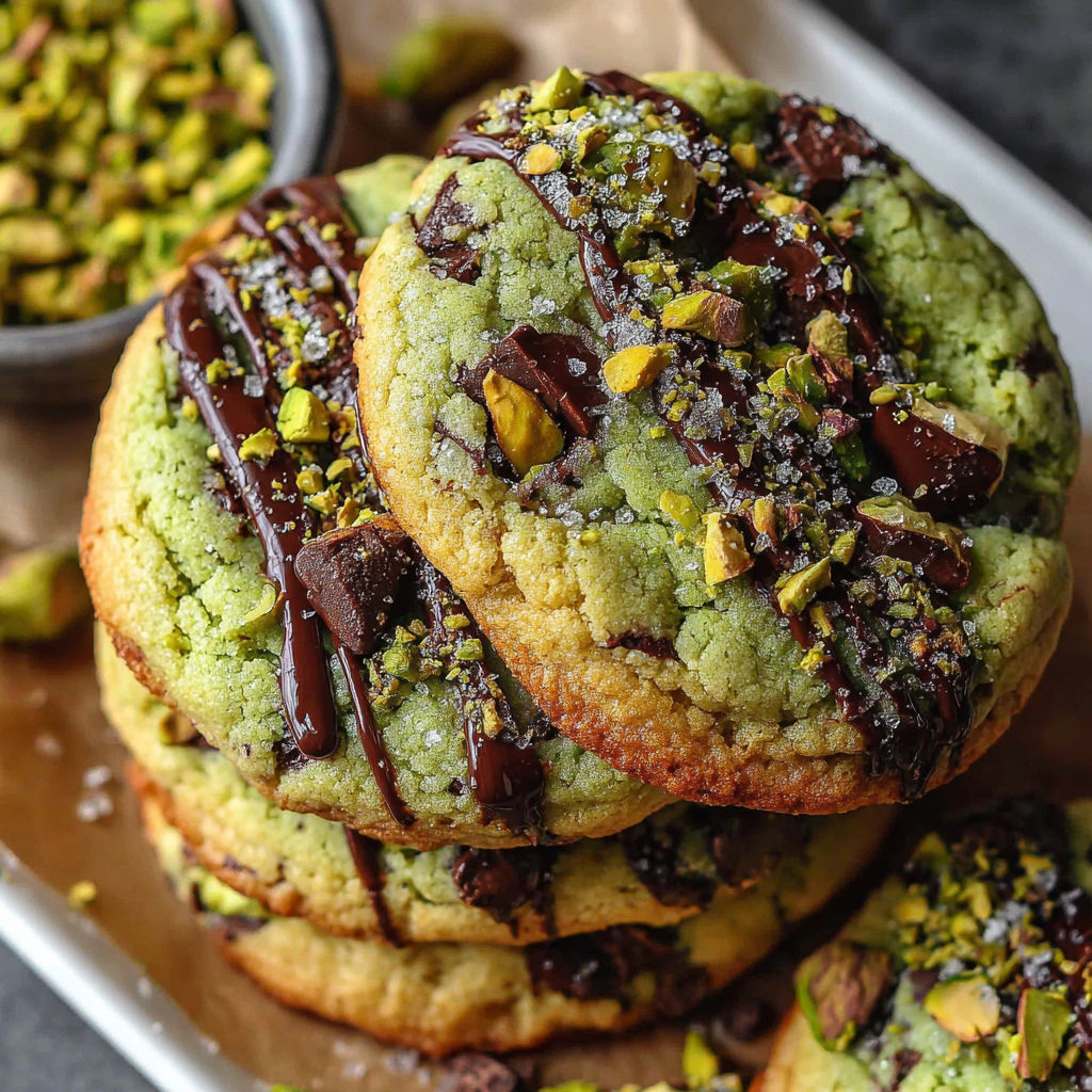 A stack of cookies with chocolate drizzle and almonds.