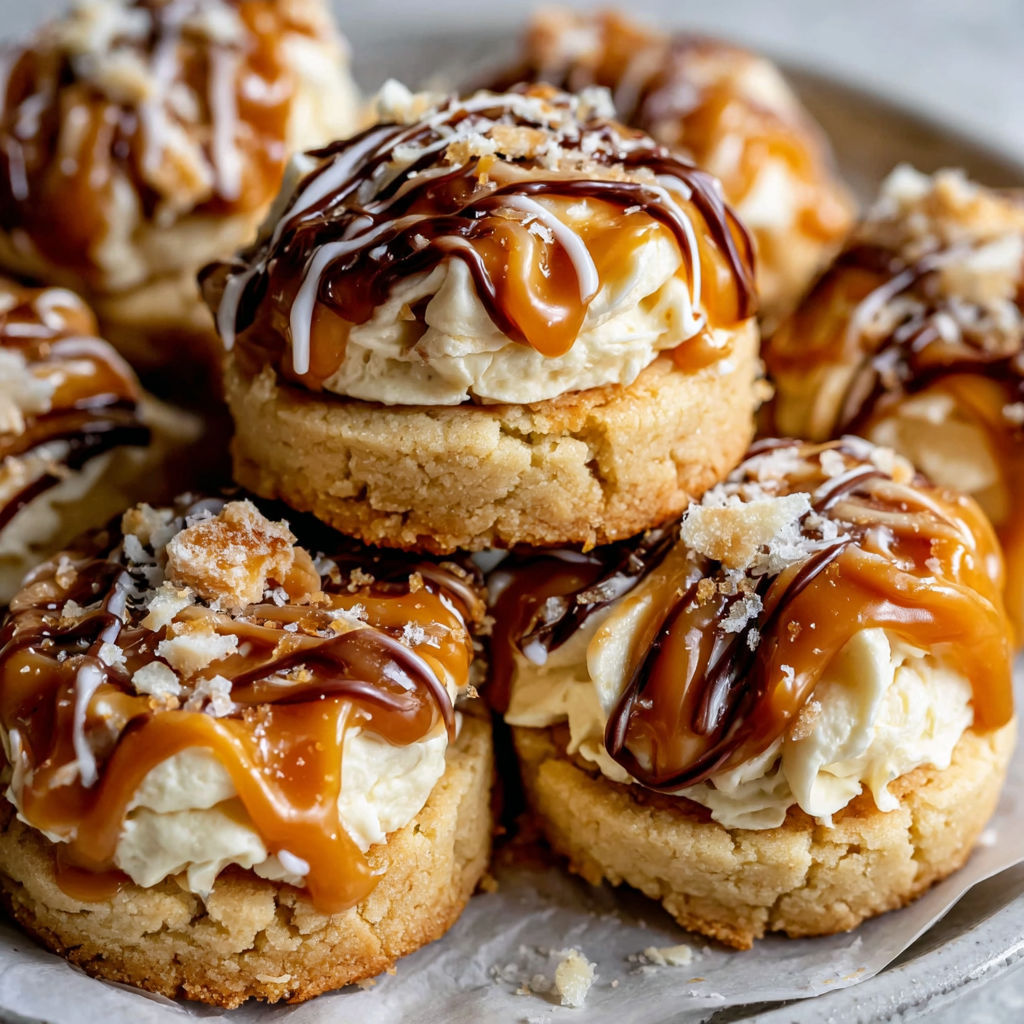 A plate of desserts with caramel drizzle.