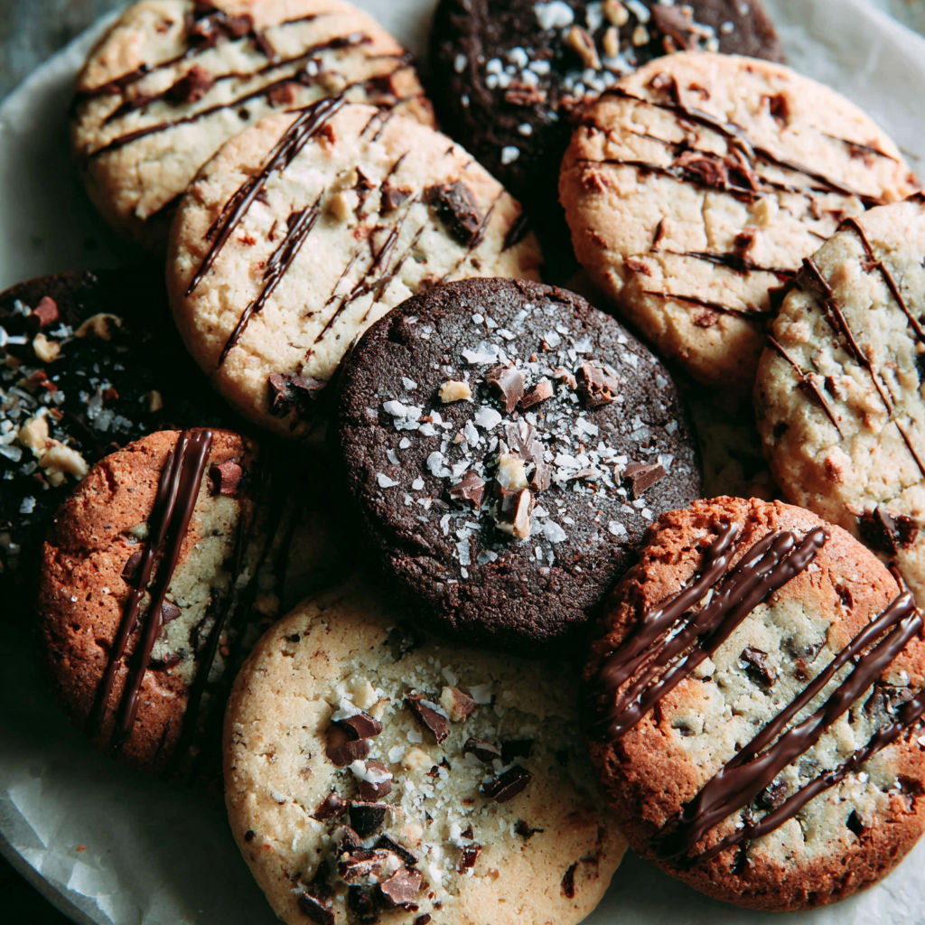 A plate of cookies with chocolate and nuts.