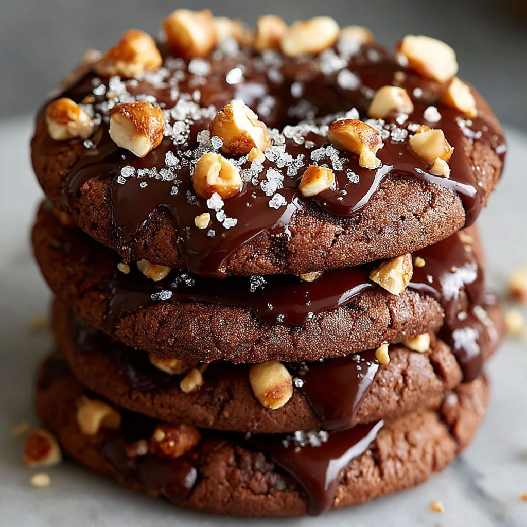 A stack of chocolate cookies with nuts and chocolate drizzle.