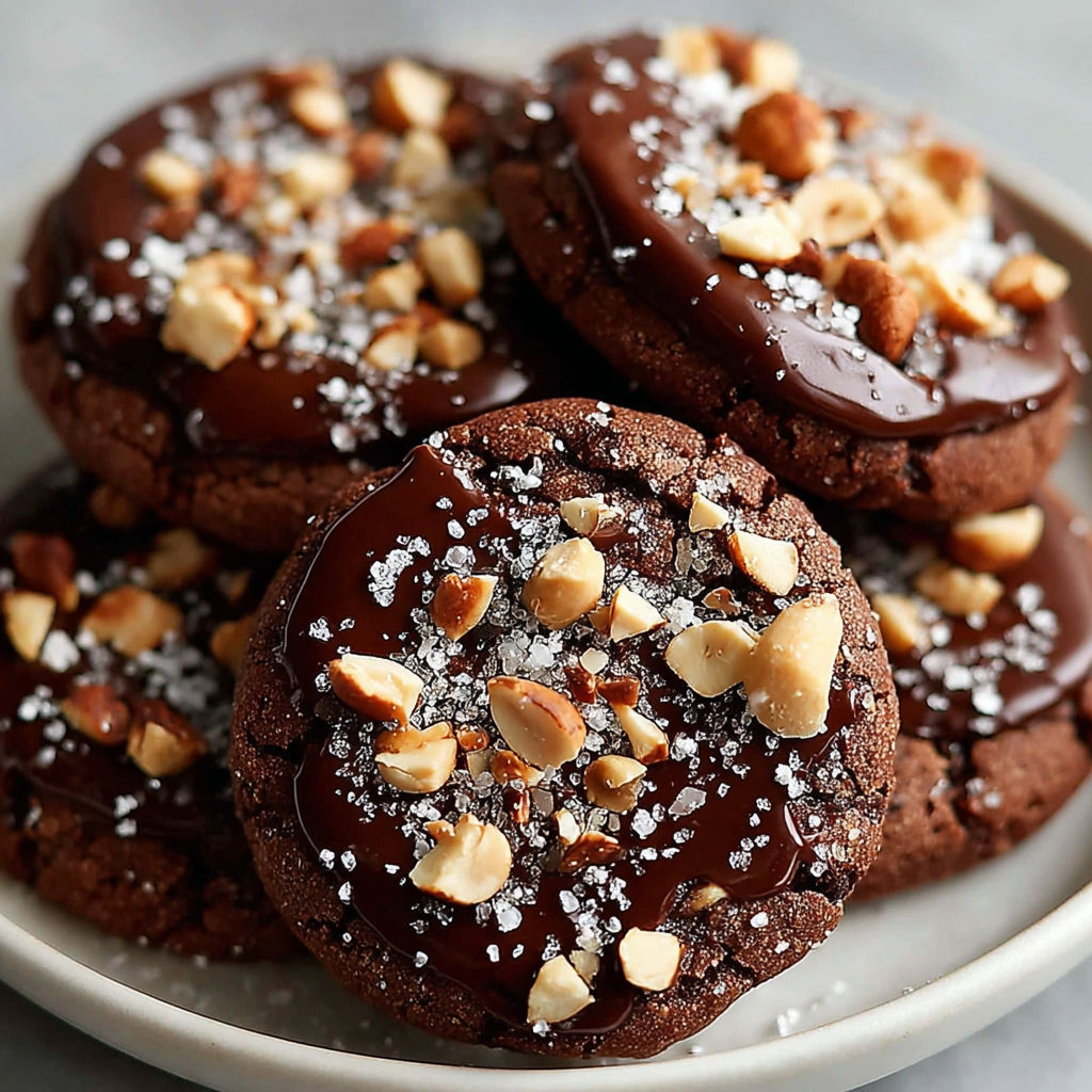 Chocolate cookies with nuts and chocolate drizzle.