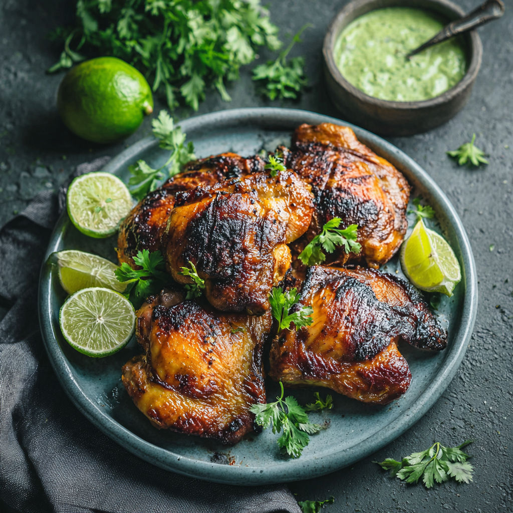 A plate of chicken with lime and herbs.