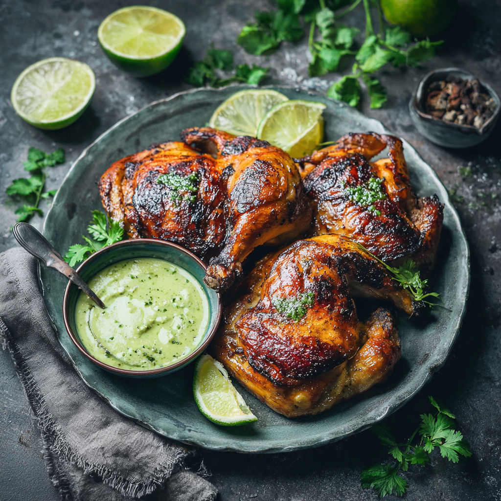 A plate of chicken with limes and a bowl of sauce.