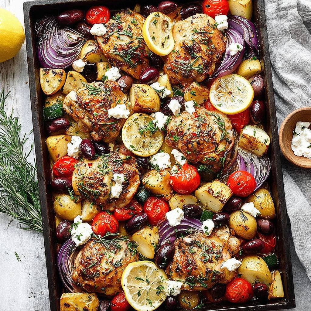 A pan of food with chicken, potatoes, tomatoes, and feta cheese.