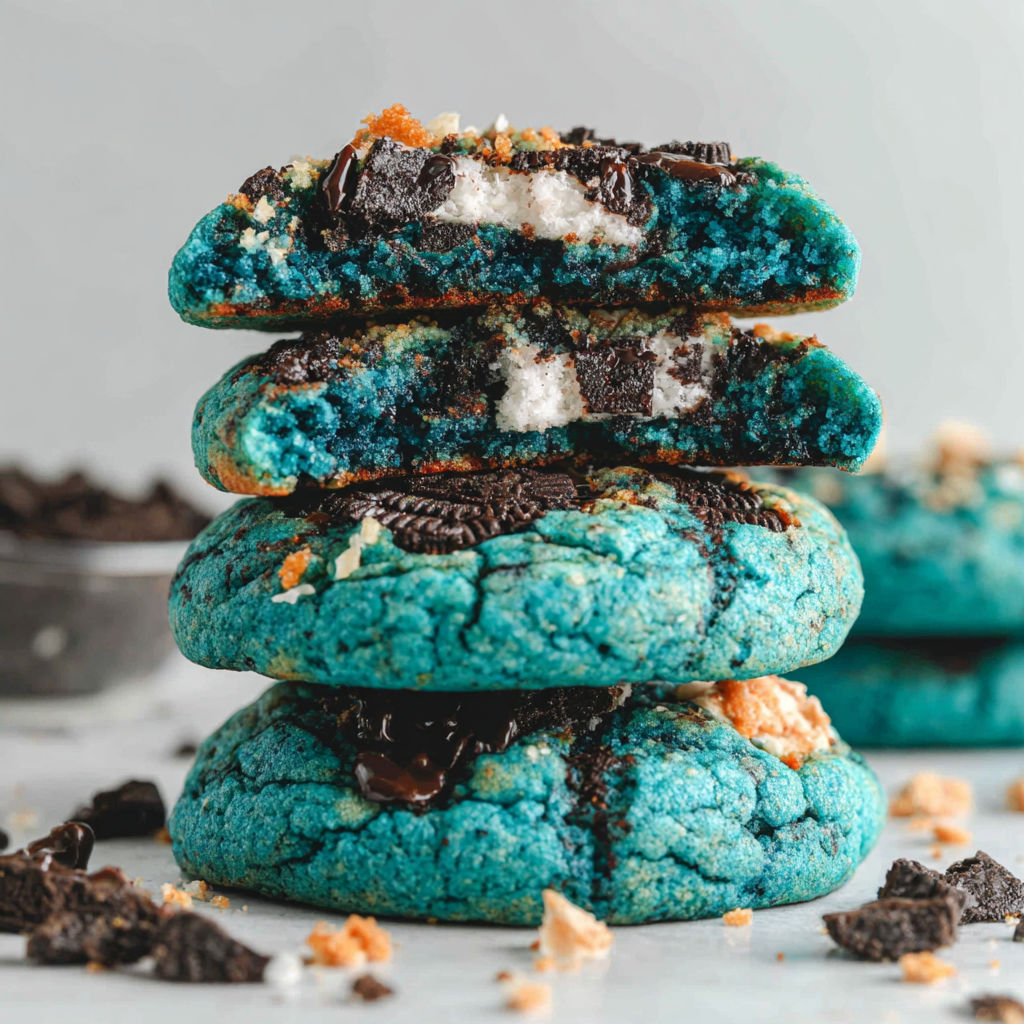A stack of blue cookies with white frosting.