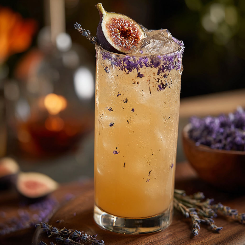 A glass of a drink with a slice of lemon and a sprig of lavender.