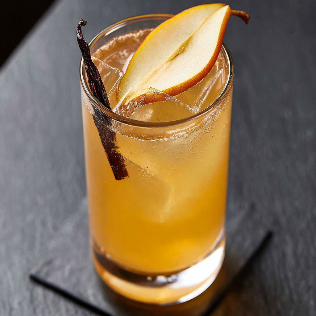 A glass of alcohol with a slice of apple on top.