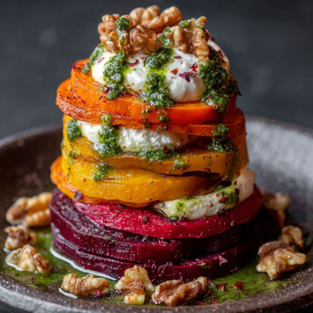 A stack of vegetables with a white sauce on top.