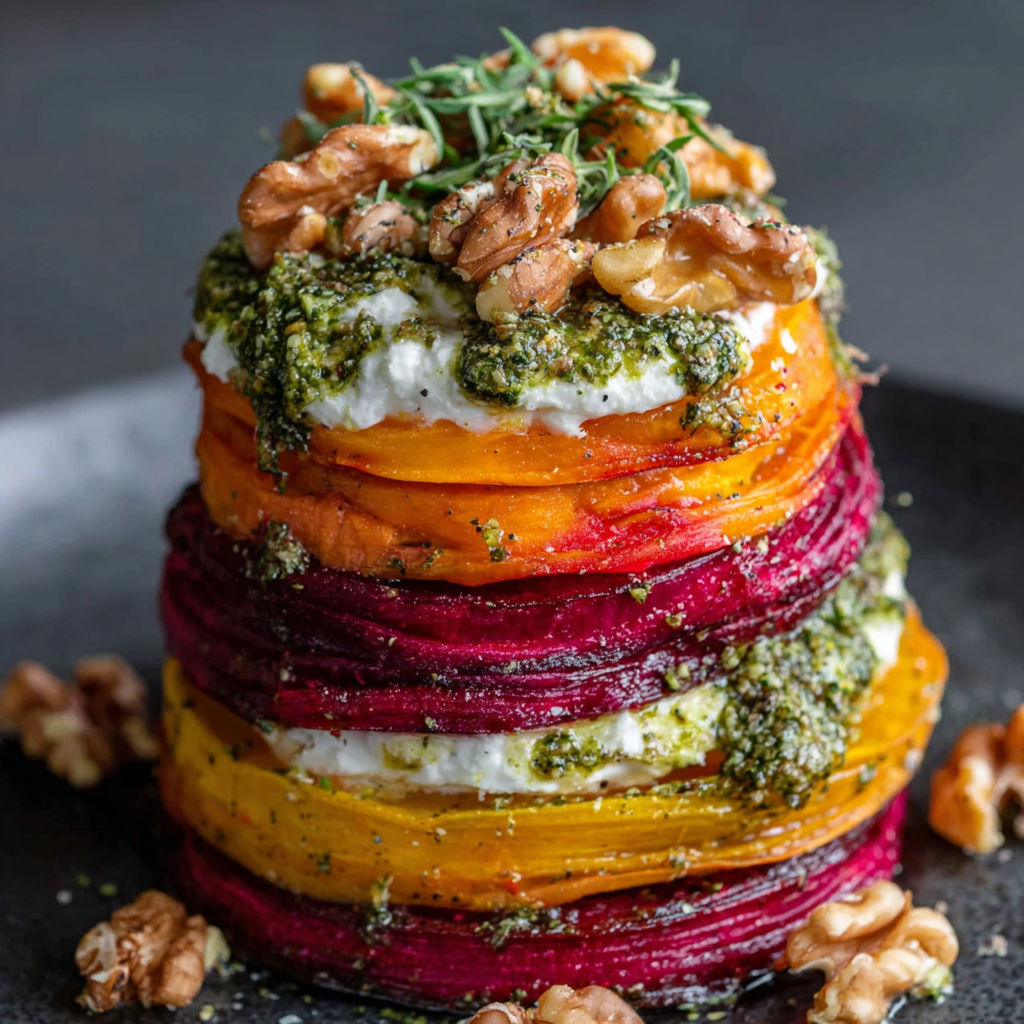A stack of vegetables with a nut on top.
