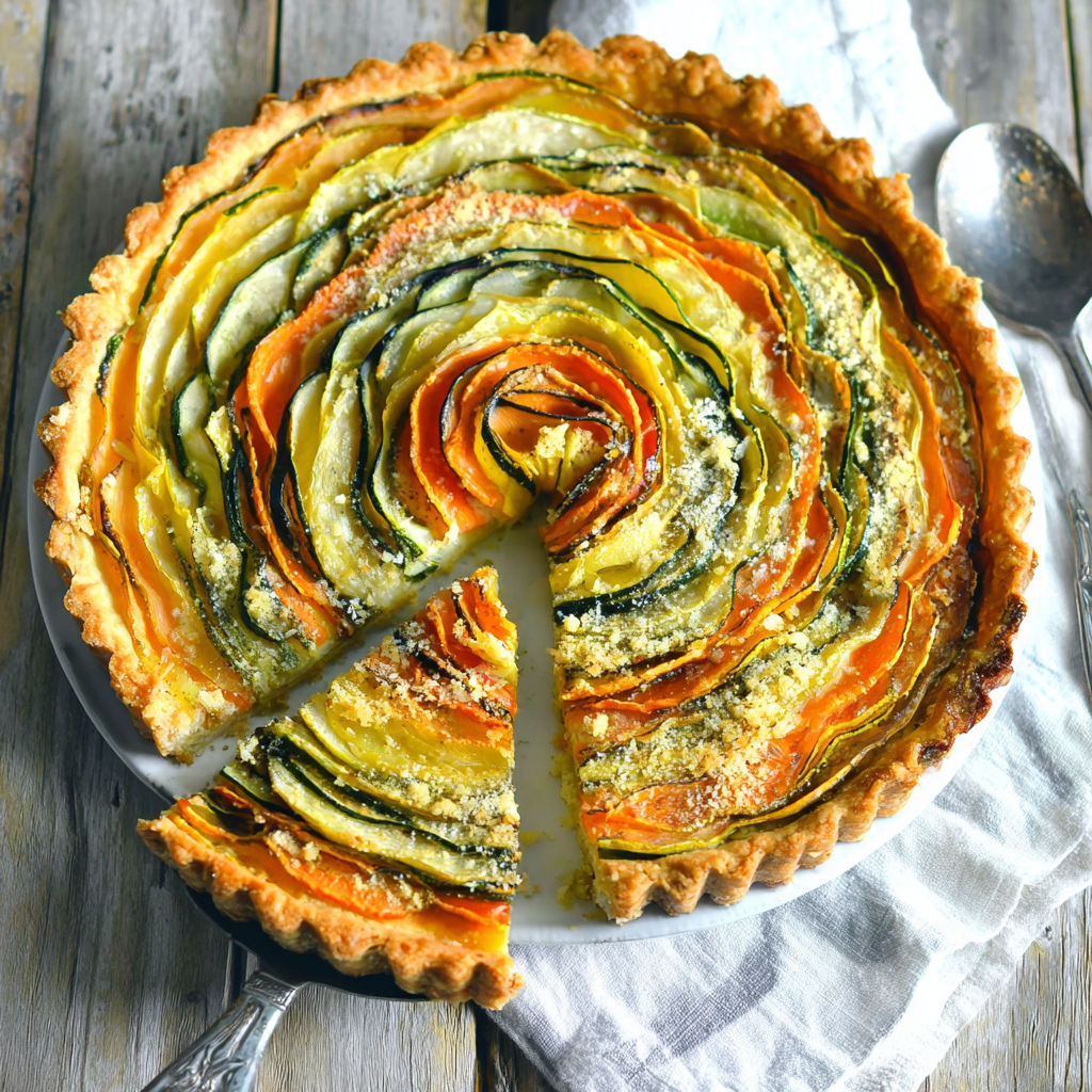 A slice of a vegetable pie.