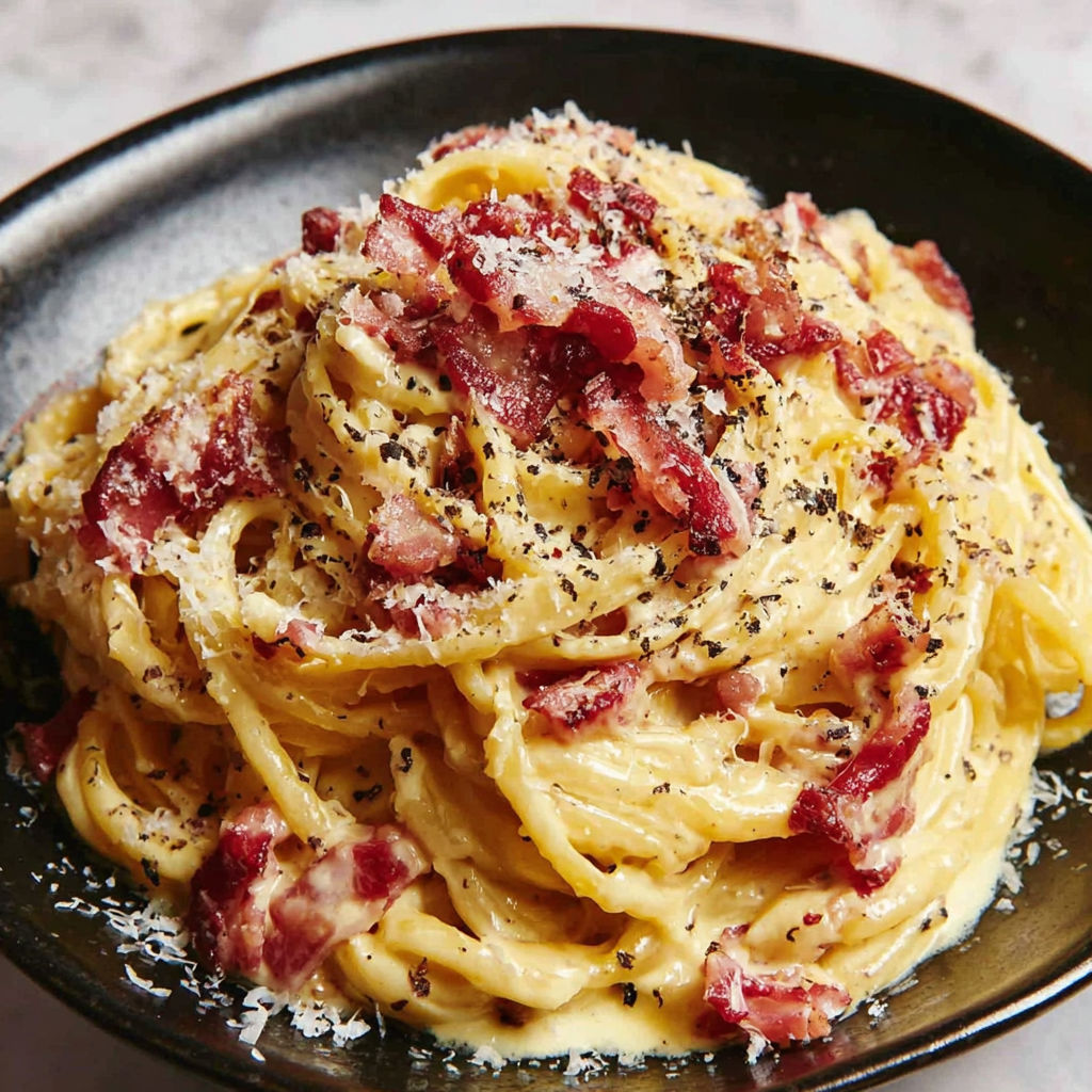 A bowl of pasta with bacon and cheese.