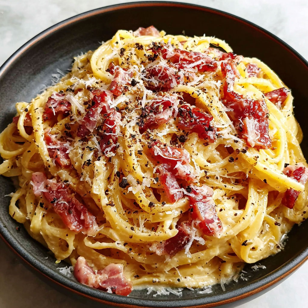 A bowl of pasta with ham and cheese.