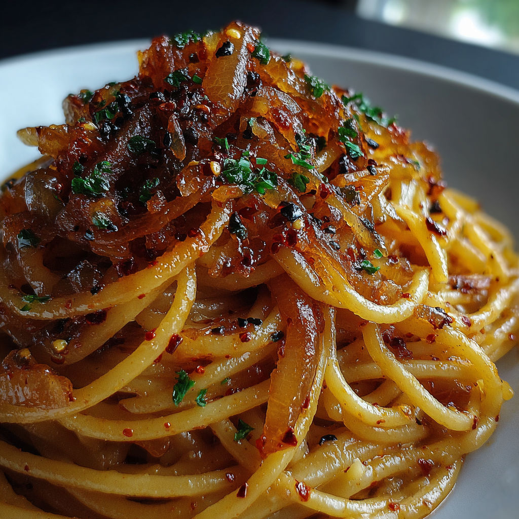 A plate of spaghetti with onions and peppers on top.