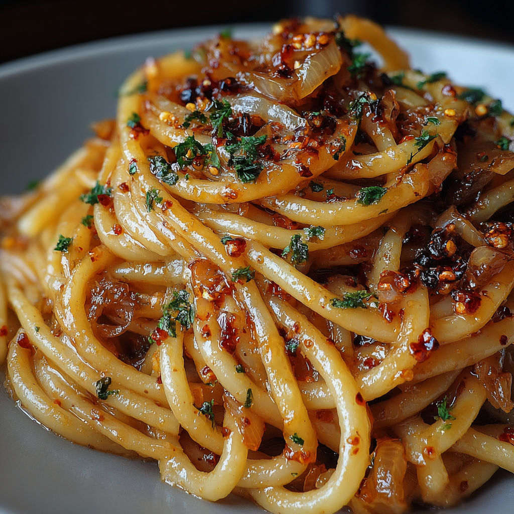 A plate of spaghetti with onions and peppers.