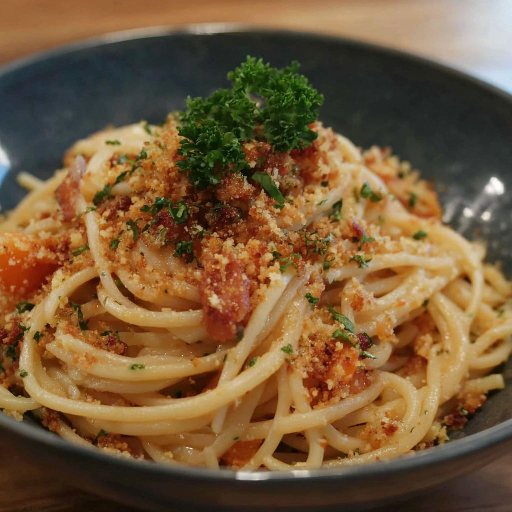 A bowl of pasta with bacon and cheese.