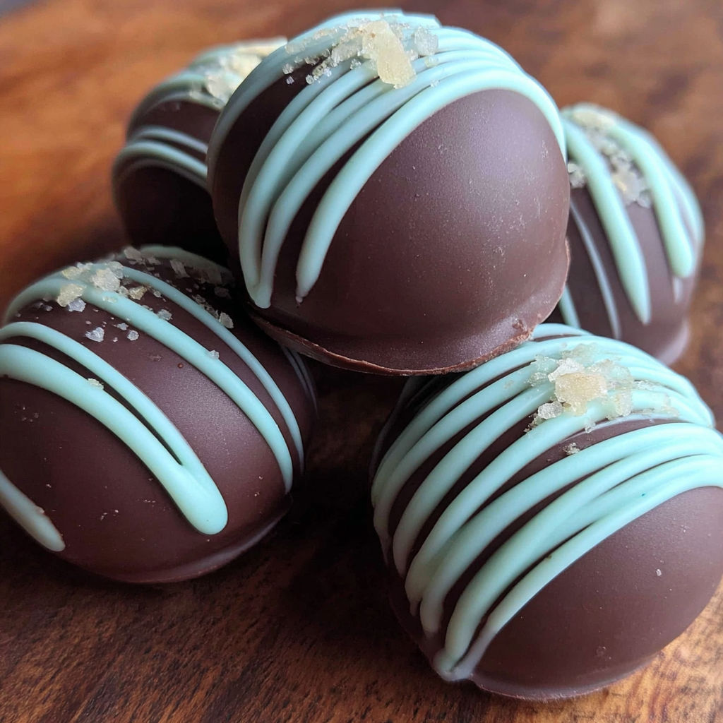 Chocolate and mint truffles on a table.