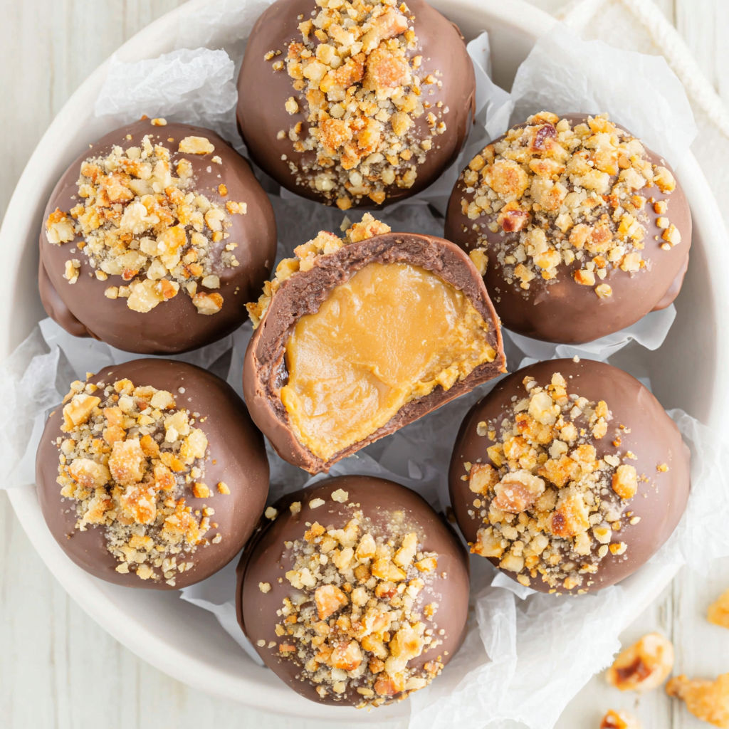 A bowl of chocolate covered peanut butter balls.