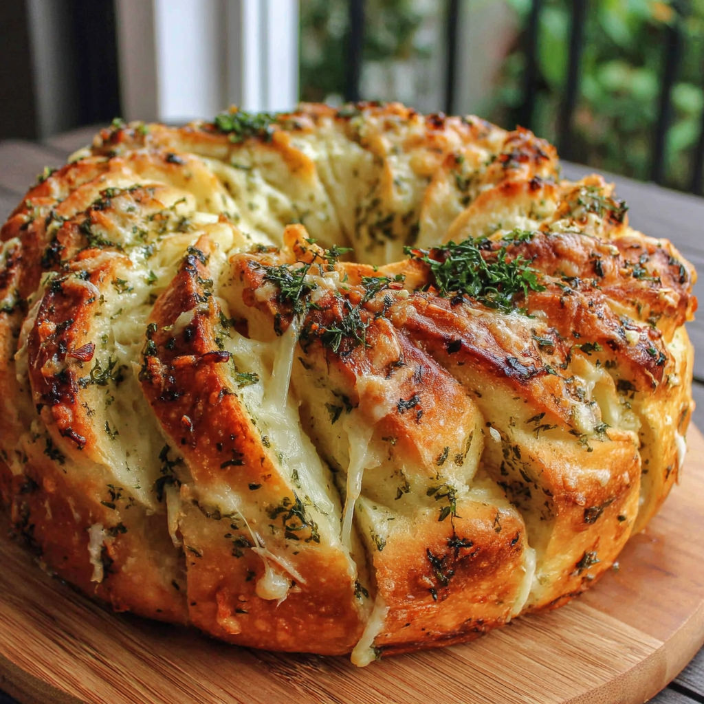 A baked bread with cheese and herbs on top.
