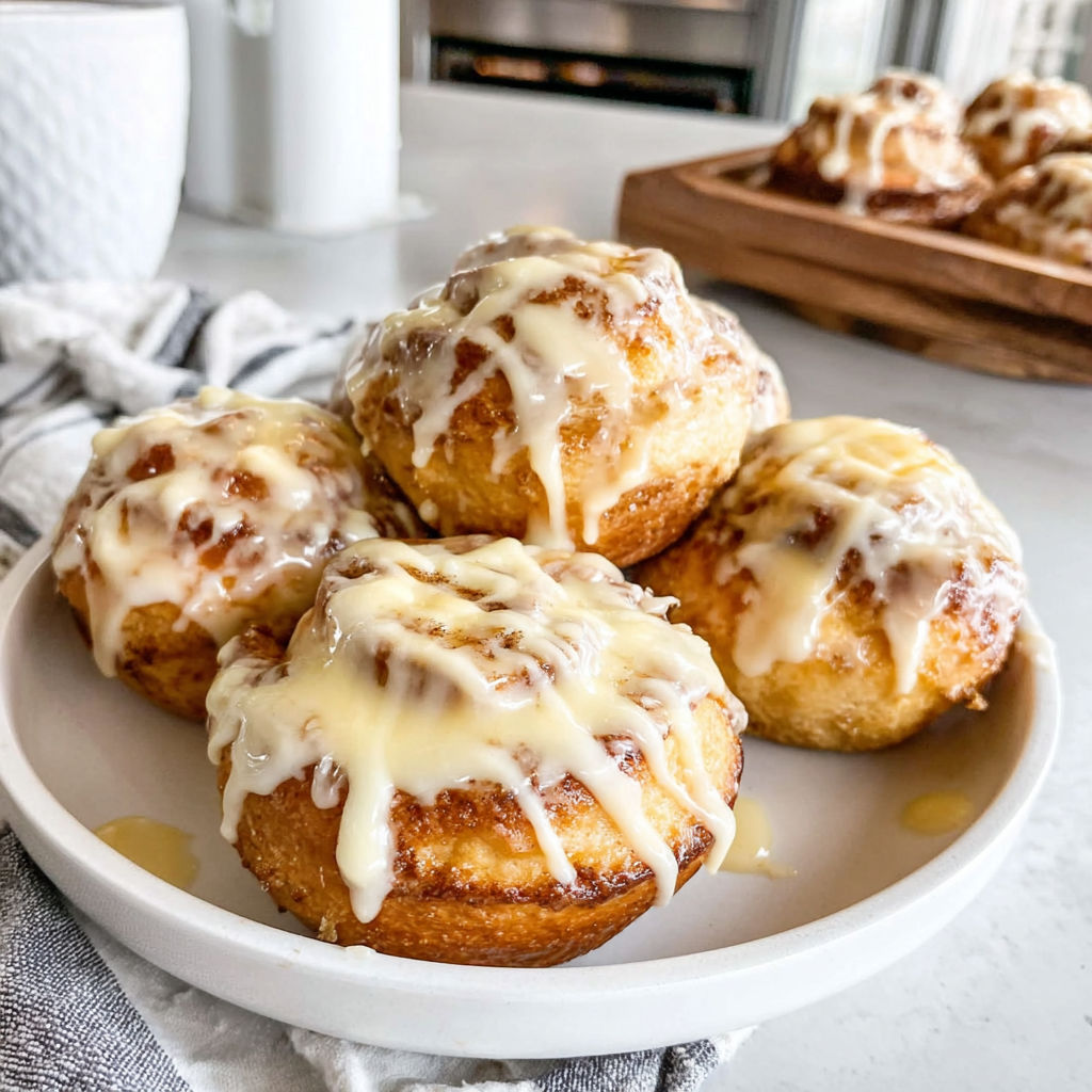 A plate of cinnamon rolls with icing.