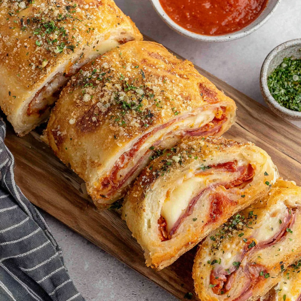 A sandwich with cheese and meat on a wooden board.