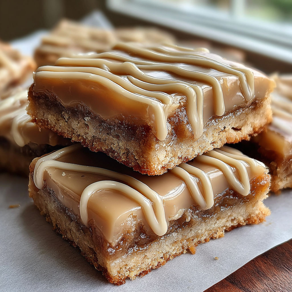 A stack of dessert bars with icing.