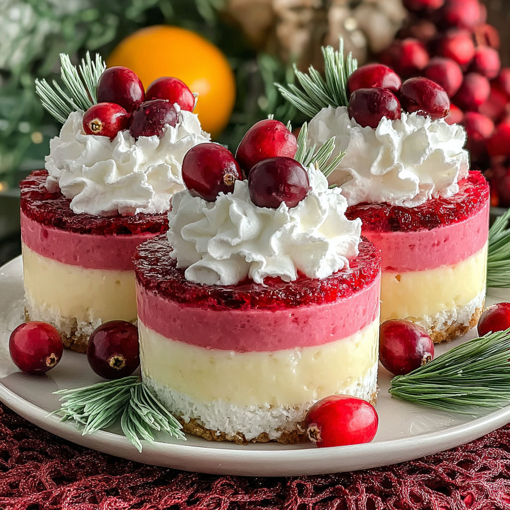 Three desserts with white whipped cream and red berries.