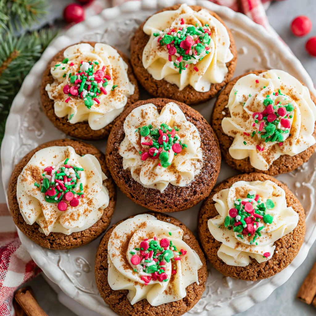 A plate of cookies with white frosting and red and green sprinkles.