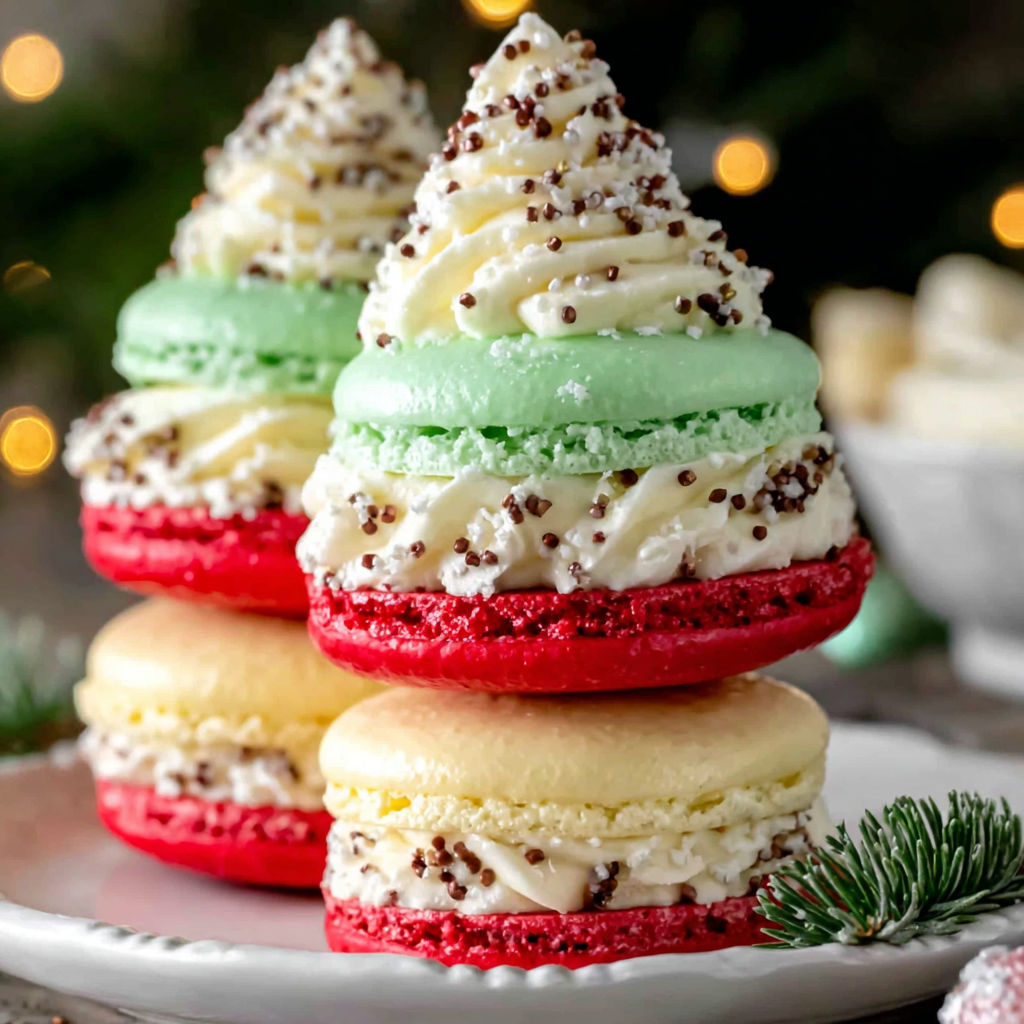 A stack of three colorful cakes.