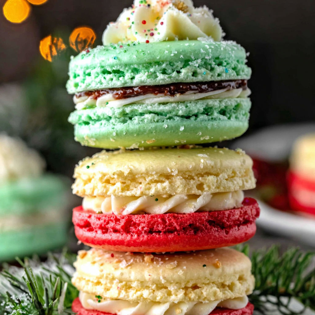 A stack of colorful macaroon cookies.