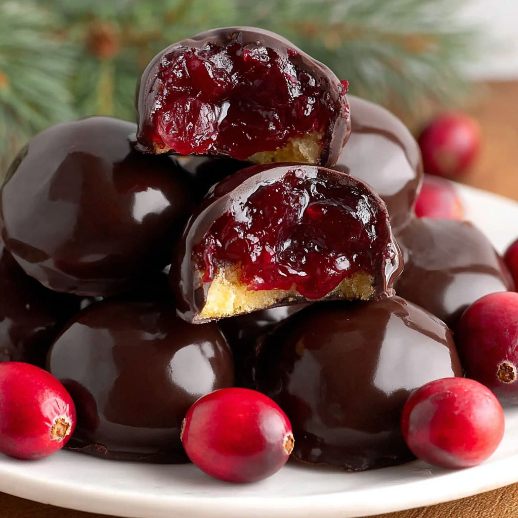 Chocolate covered cherries on a plate.