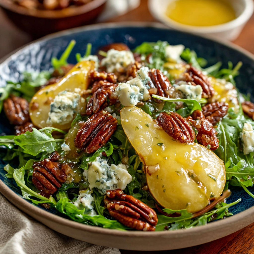 A salad with blue cheese, pecans, and apples.