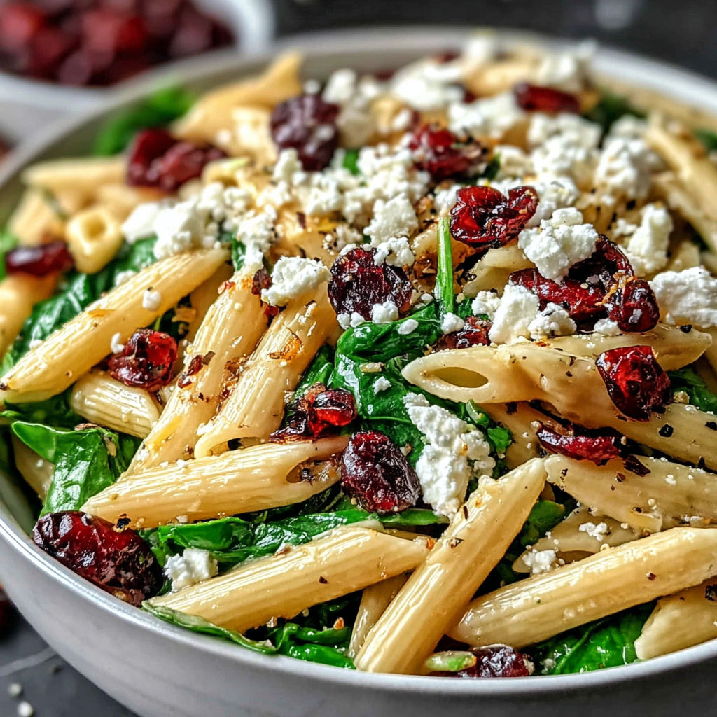 A bowl of pasta salad with cheese, red peppers, and spinach.