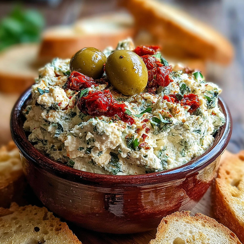 A bowl of hummus with olives on top.