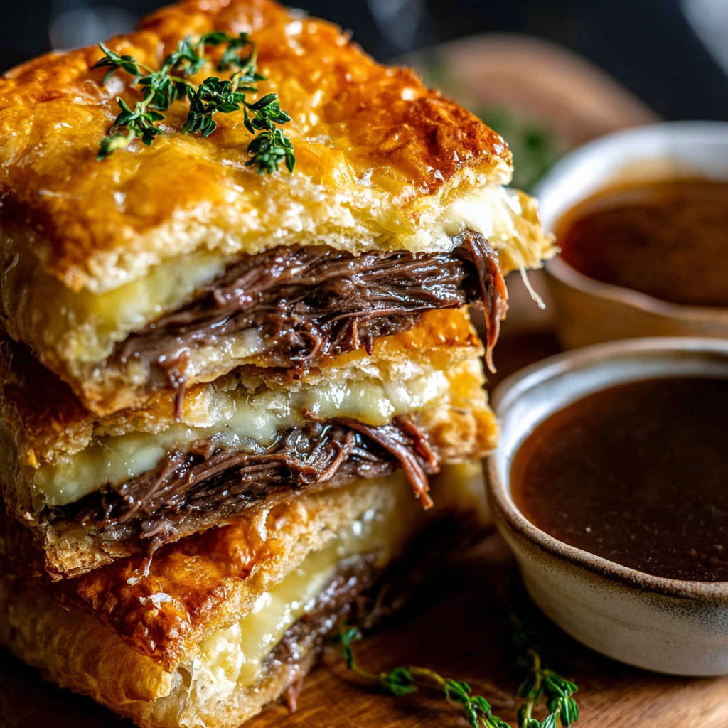 A stack of three sandwiches with sauce on the side.