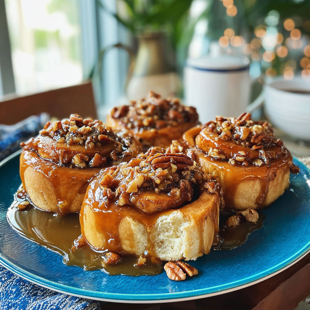 A plate of three glazed donuts with walnuts.