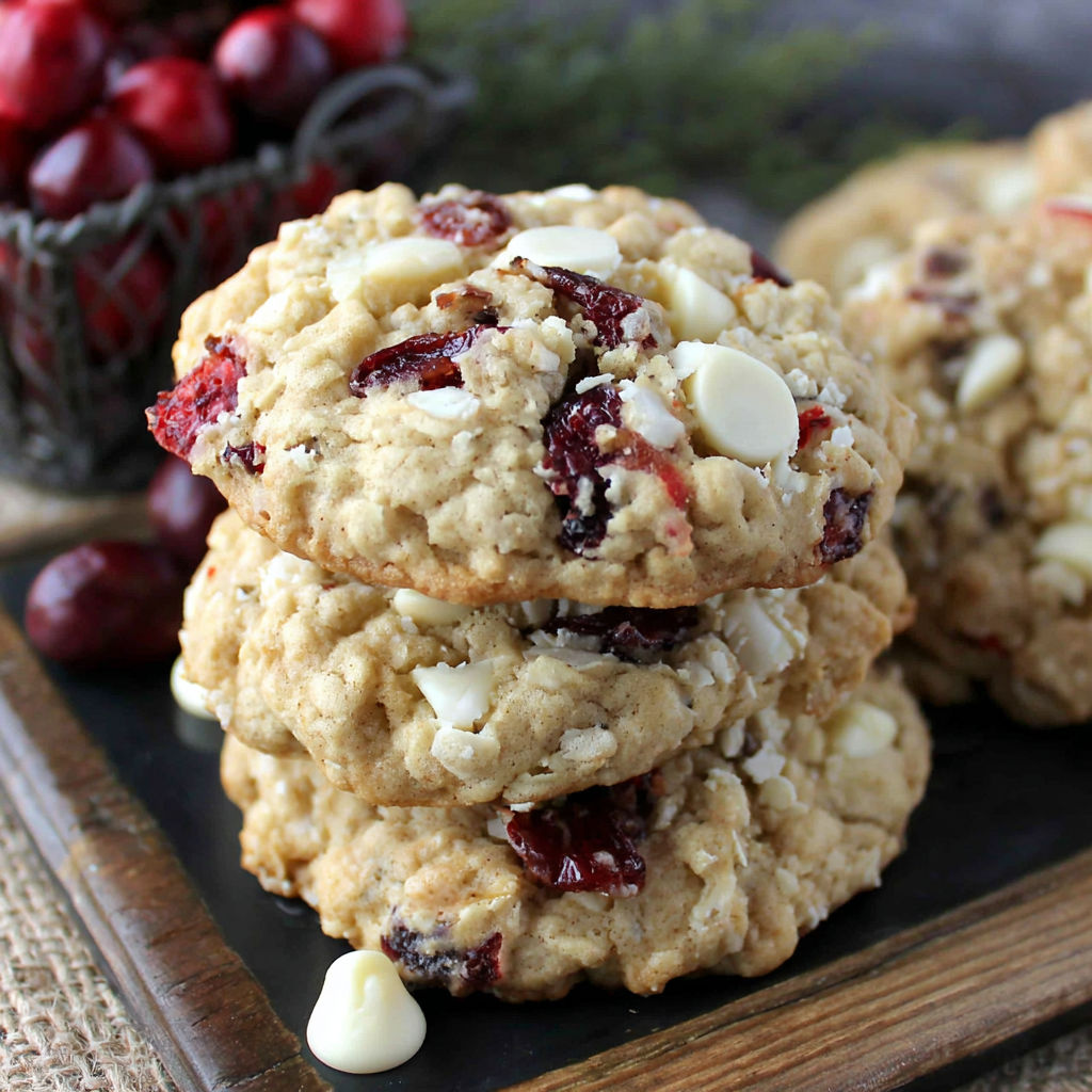 A stack of cookies with white chocolate chips.