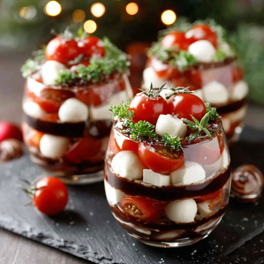 Three glasses filled with a mixture of tomatoes, cheese, and herbs.