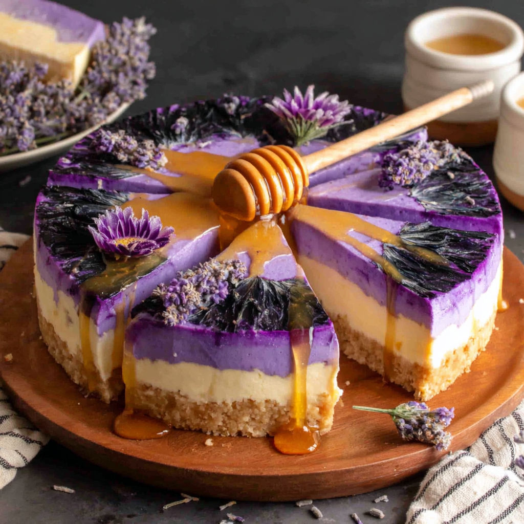 A slice of cake with a honeycomb and lavender.