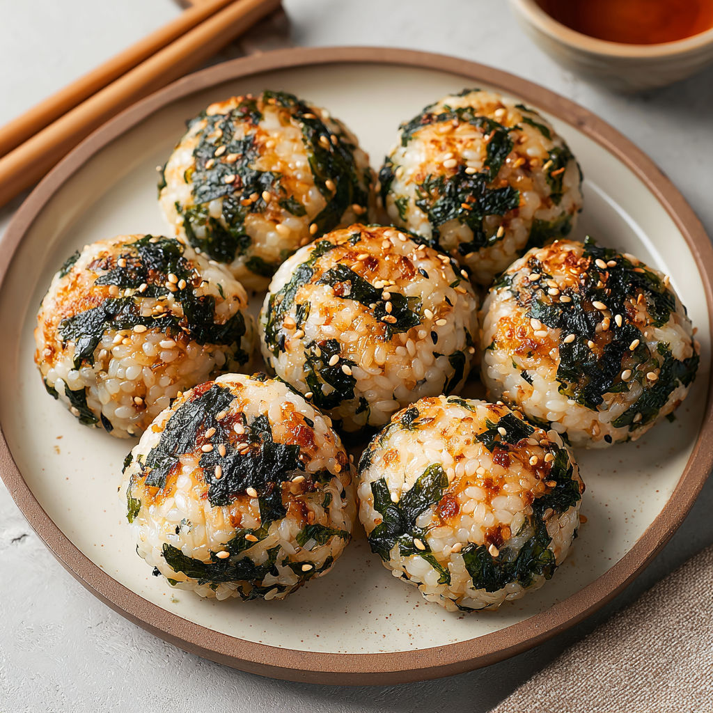 A plate of rice balls with green toppings.