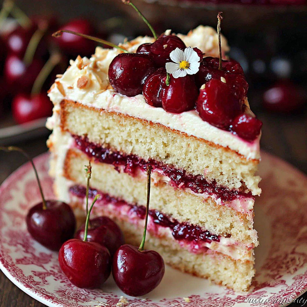 A slice of cake with cherries on top.