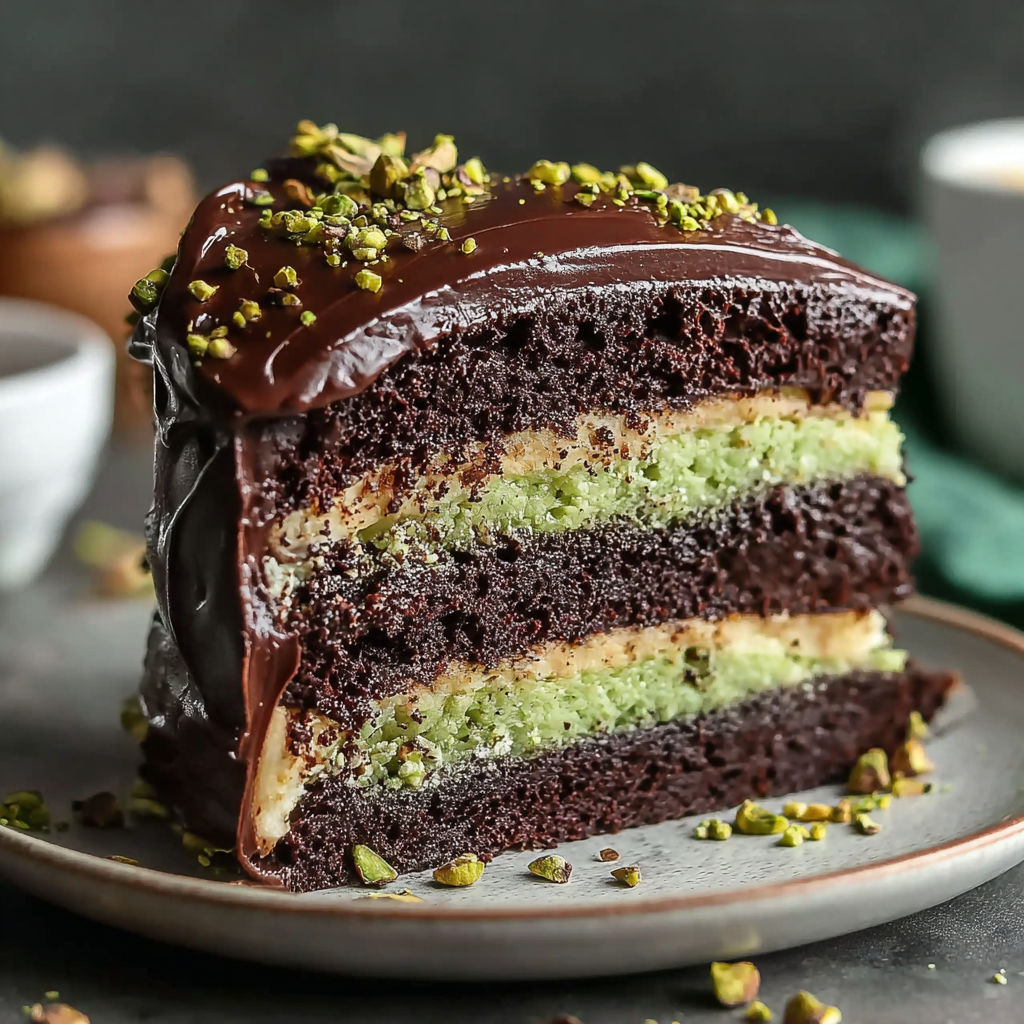 A slice of chocolate cake with green frosting.