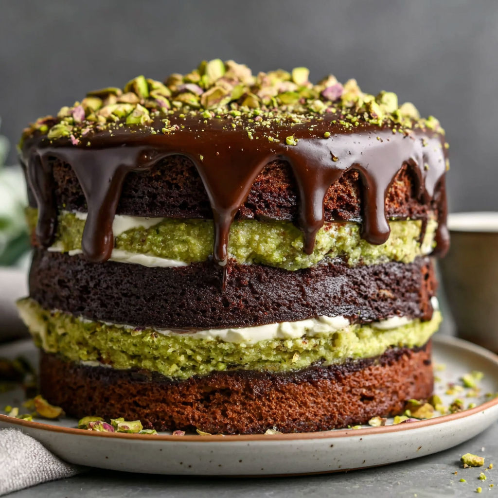 A cake with chocolate frosting and almonds.