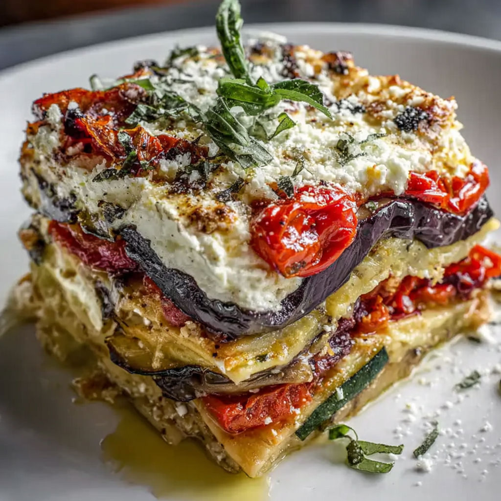 A dish with a recipe that includes tomatoes, zucchini, and cheese.