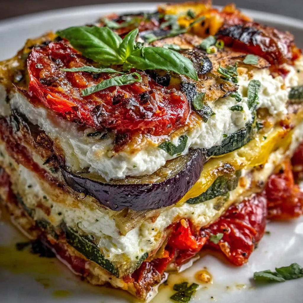 A stack of food with a green leaf on top.