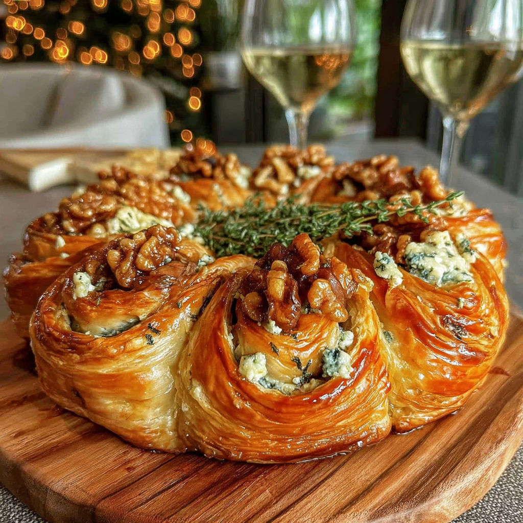 A plate of food with a pastry and a glass of wine.