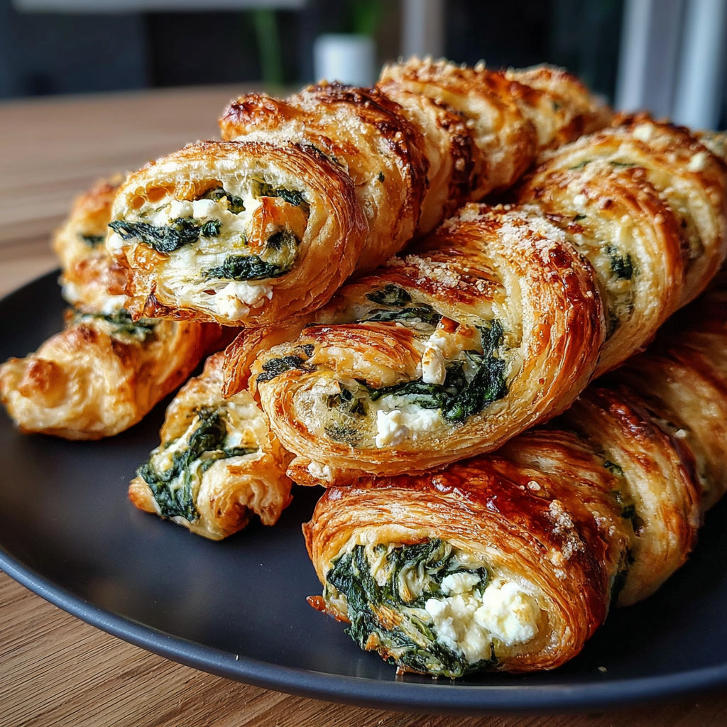 A plate of croissants with spinach and cheese.
